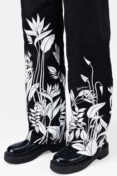 Straight Fit Linen Herringbone Trousers with Tropical Print Black