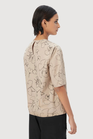 Straight Fit Round Neck Top with All-Over Gingko Thread Embroidery - Genes Lecoanet Hemant