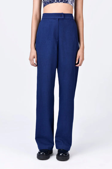 Straight Fit Trousers with Elasticated Back Waistband - Navy Blue - Genes Lecoanet Hemant