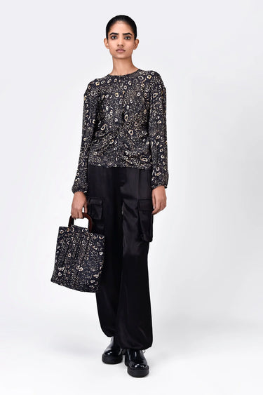 Straight Fit Viscose Satin Top with Twisted Knot and Animal Print