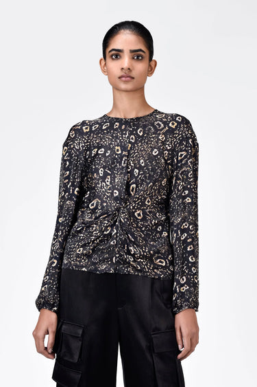 Straight Fit Viscose Satin Top with Twisted Knot and Animal Print