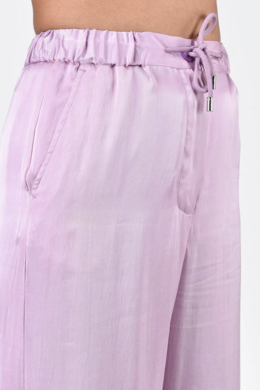 Straight Fit Viscose Satin Trousers with Elastic Waist and Drawstrings