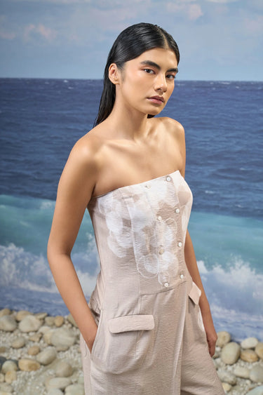 Jumpsuit for women with strapless neckline and abstract print detail