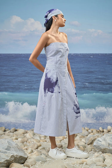 Premium cotton pinstripe dress for women showing breathable fabric texture