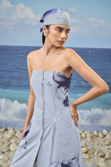 Premium cotton pinstripe dress for women styled for resort wear