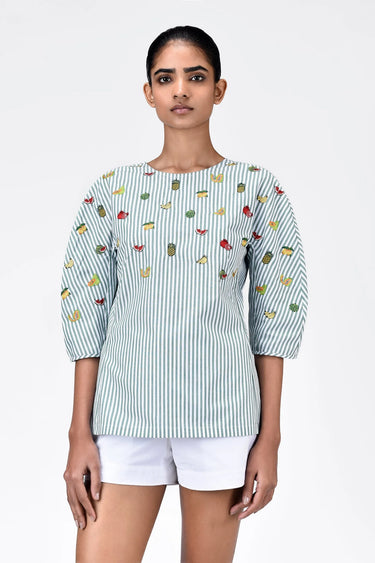 Striped Cotton Top with Puff Sleeves - Genes Lecoanet Hemant