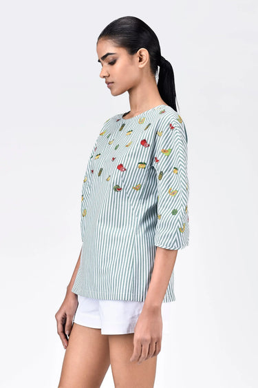 Striped Cotton Top with Puff Sleeves - Genes Lecoanet Hemant