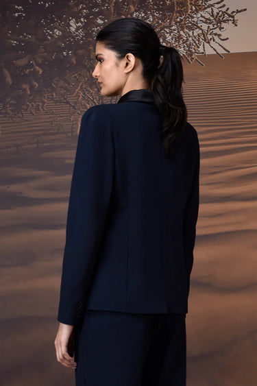 Navy tailored blazer for women in poly viscose and satin by Genes Lecoanet Hemant India