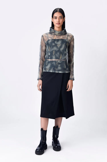 Taupe-Clay Poly Organza Relaxed Fit Turtle Neck Top - Genes Lecoanet Hemant