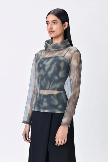 Taupe-Clay Poly Organza Relaxed Fit Turtle Neck Top - Genes Lecoanet Hemant