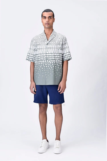 Taupe Easy Fit Cuban Collar Shirt with Cell Degrade Print - Genes Lecoanet Hemant