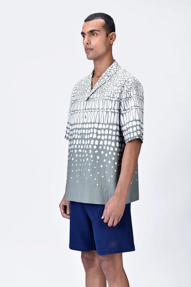 Taupe Easy Fit Cuban Collar Shirt with Cell Degrade Print - Genes Lecoanet Hemant