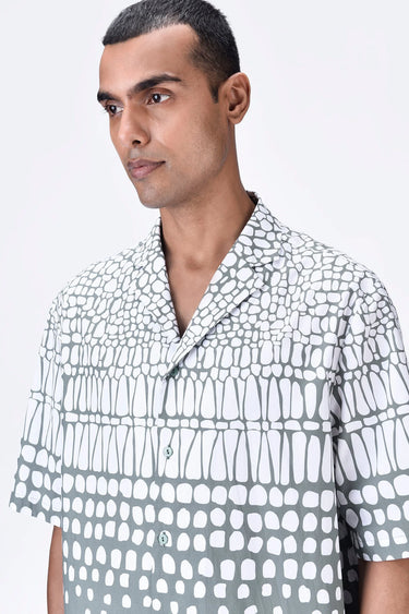 Taupe Easy Fit Cuban Collar Shirt with Cell Degrade Print - Genes Lecoanet Hemant