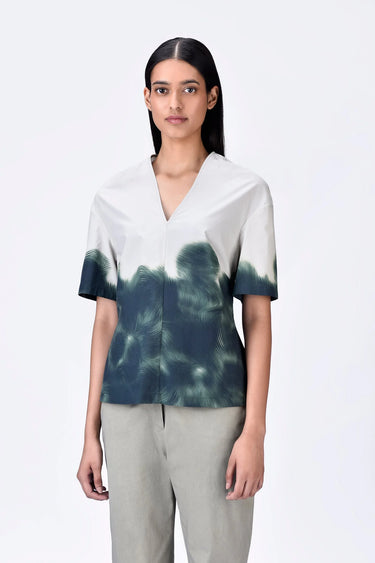 Taupe Giza Cotton Poplin Semi-Fitted A-Line Top with UV Print