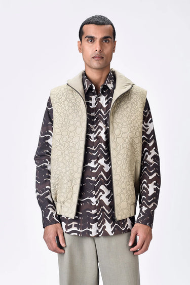 Taupe Silk Sleeveless Hoodie Jacket