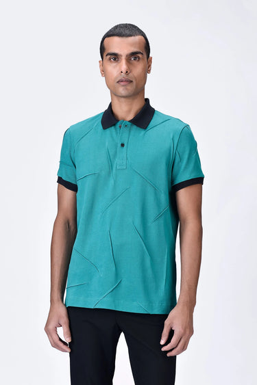 Teal Green Cotton Pique Regular Fit Polo with Dart Details