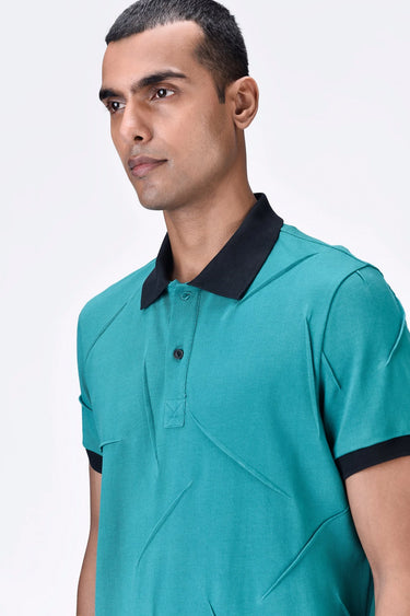 Teal Green Cotton Pique Regular Fit Polo with Dart Details