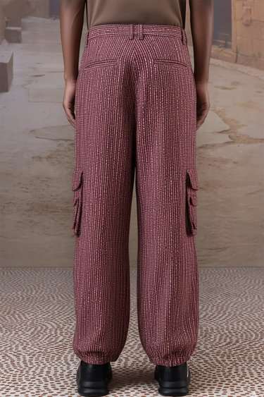 Men red textured cargo pants with relaxed fit, designer streetwear India