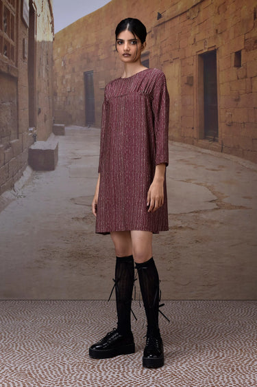Cherry lacquer dress women India with textured fabric and structured yoke design
