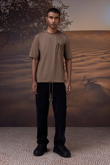 Beige textured pocket detail T-shirt for men with relaxed fit and soft fabric