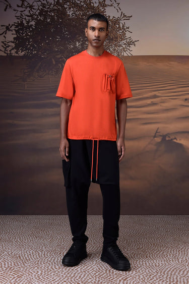Coquelicot red textured pocket detail T-shirt for men with relaxed fit