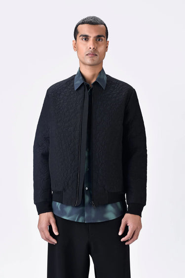 Textured Silk Voile Bomber Jacket - Black