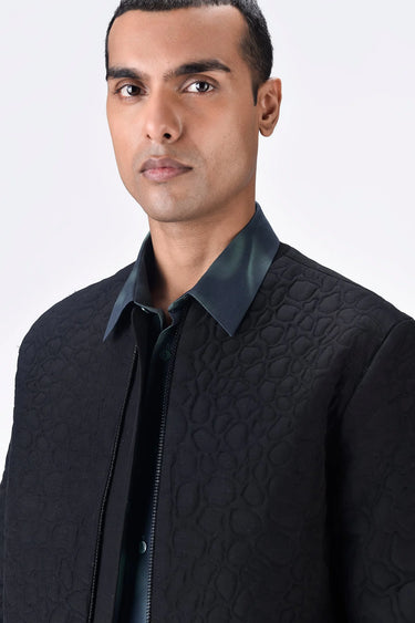 Textured Silk Voile Bomber Jacket - Black