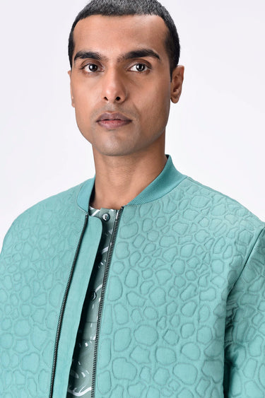 Textured Silk Voile Bomber Jacket - Blue
