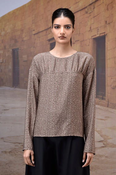 Women beige long sleeve blouse with textured fabric, designer fashion India
