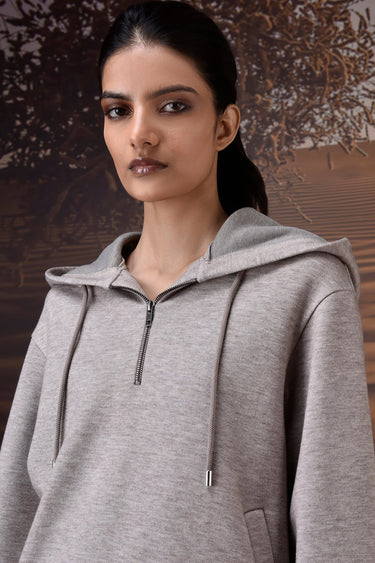 Warm Beige Half-Zip Hoodie with GENES Logo Back - Genes Online Store