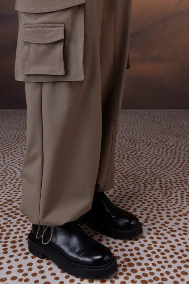 Warm Beige Poly Viscose Wide-Leg Cargo Trousers - Genes Online Store