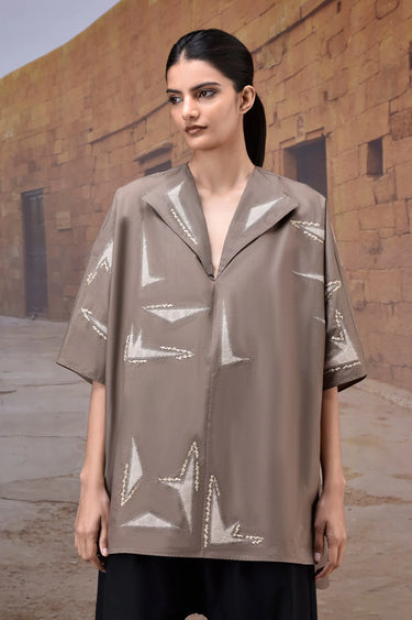 Warm Beige & Sand Giza Cotton Poplin Panel Shirt - Genes Online Store