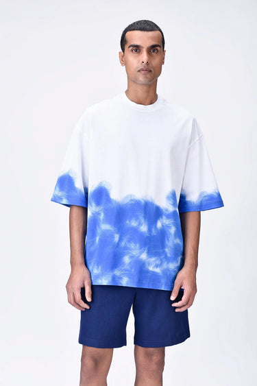 White-Blue Cotton Jersey Oversized T-Shirt with UV Abstract Print