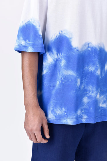 White-Blue Cotton Jersey Oversized T-Shirt with UV Abstract Print