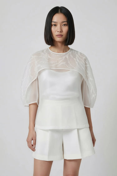 Women White sheer organza top with embroidery, luxury designer fashion India