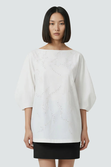 Women white designer relaxed top with embroidery, luxury casual wear India