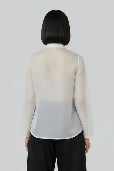 Elegant white sheer shirt for women with concealed placket, premium designer wear