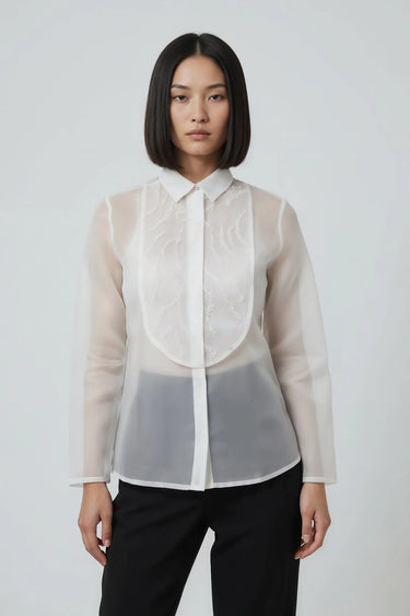 Women white sheer shirt with embroidery, luxury designer fashion India