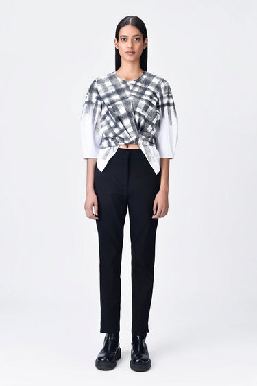 White Giza Cotton Poplin Straight Fit Top with Draped Waist - Genes Lecoanet Hemant