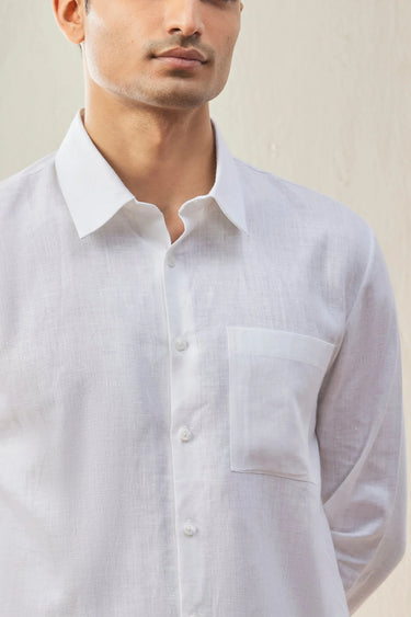 White Linen Regular Fit Button-Up Shirt - Genes Lecoanet Hemant