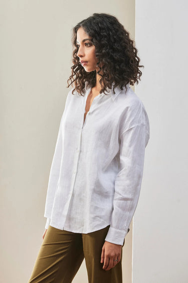 White Linen Shirt with Tonal Embroidered Signature - Genes Lecoanet Hemant