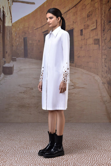 Women white designer shirt dress with cutwork sleeve detailing, luxury fashion India