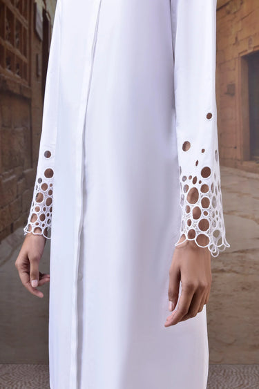 White shirt dress women India with geometric cutwork sleeves and modern silhouette