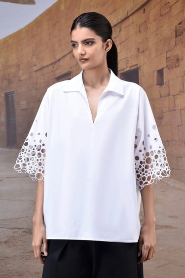 Women white designer shirt with cut out embroidered sleeves, luxury fashion India
