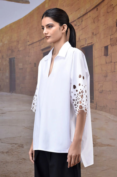 White poplin shirt women India with statement sleeve detailing and modern fit