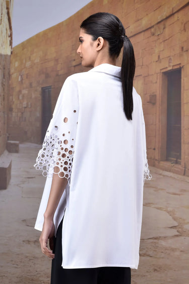 Stylish white shirt for women with embroidered cut out sleeves, designer wear India