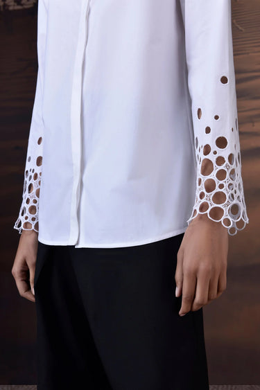 Elegant white shirt for women with geometric cutwork sleeves, premium designer wear