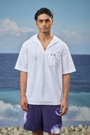 White Premium Cotton Dobby Oversized Short-Sleeve Hoodie