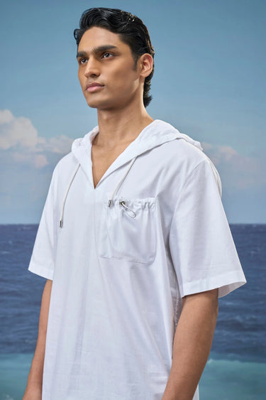 White Premium Cotton Dobby Oversized Short-Sleeve Hoodie