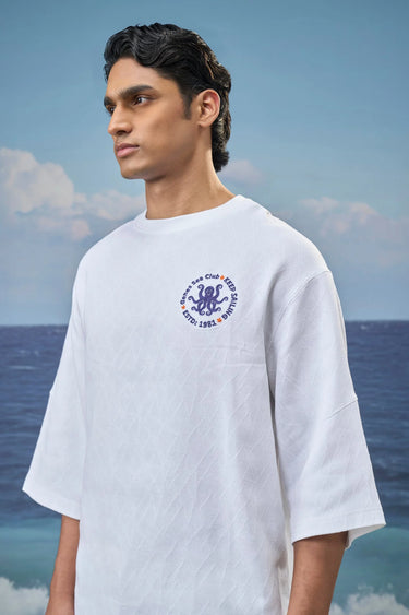 White Premium Cotton Jacquard Lycra Oversized T-Shirt